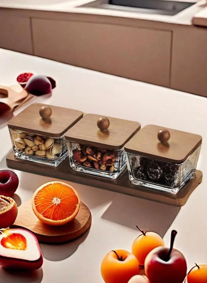 Casa Quesera Billa 3 pc square shape condiment set with wooden tray and lid