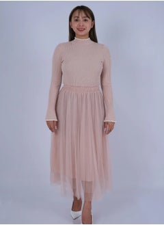 Women’s Pleated Elastic Waist Band Jersey Dress in Sepia Rose