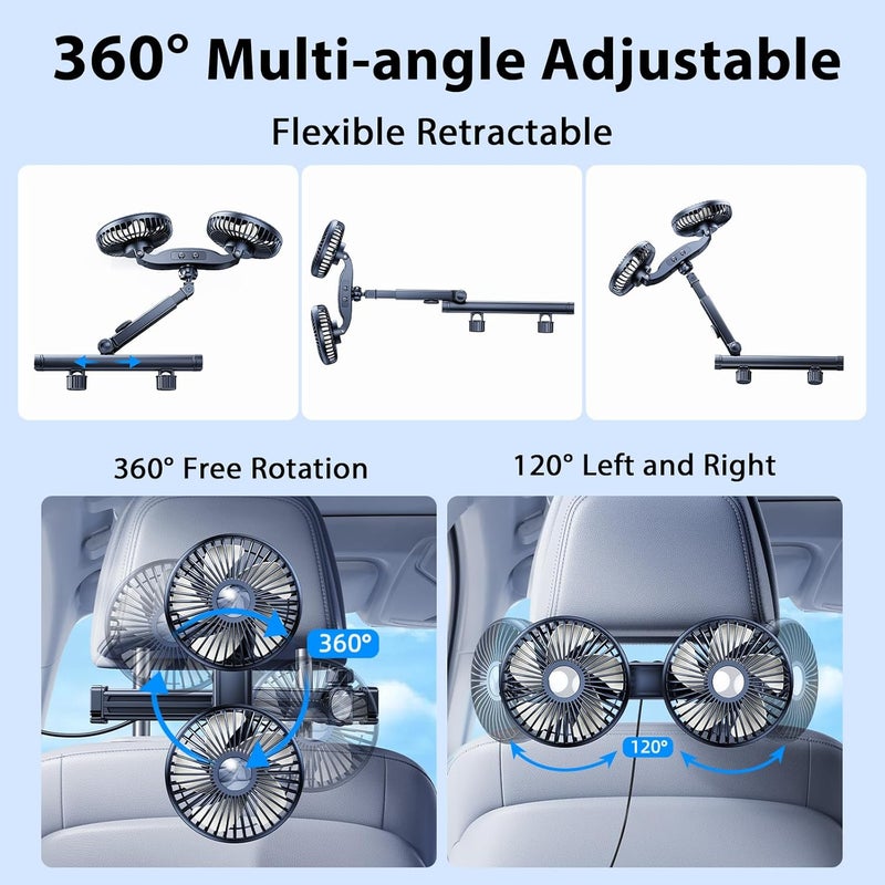 Nauttxon Car Fan for Back Seat with Retractable Long Arm and Car Charger - Image 3
