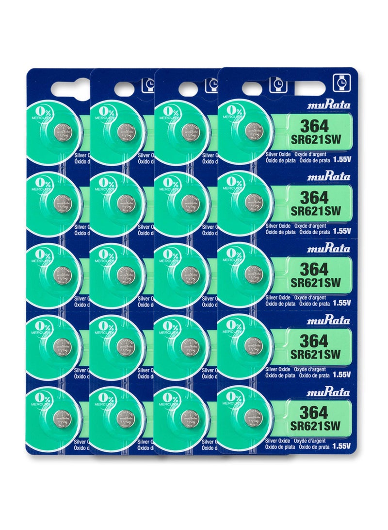 20-Pieces Murata SR621SW / 364 Silver Oxide 1.55V (muRata) Japan Batteries