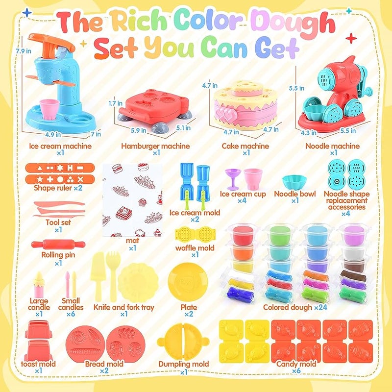 WeeHomm 4 in 1 Color Dough Set Kitchen Creations with Ice Cream/Cake/Noodle/Hamburger Maker Machine, Arts Crafts Play Food Toys Tools Kit for Boys Girls Kids Toddlers Ages 3+ , 24 Dough - Image 3