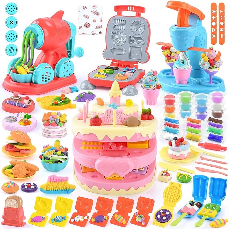 WeeHomm 4 in 1 Color Dough Set Kitchen Creations with Ice Cream/Cake/Noodle/Hamburger Maker Machine, Arts Crafts Play Food Toys Tools Kit for Boys Girls Kids Toddlers Ages 3+ , 24 Dough - Image 1