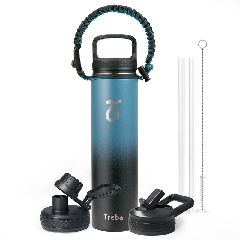 Trebo 24 oz Water Bottle Insulated with Lid and StrawDouble Wall Vacuum Stainless Steel Metal Tumbler Sports Flask with Paracord Handle Keep Cold 48 Hours Water Cup with 3 Lids IndigoBlack