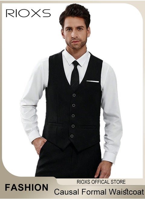 Men's Classic Solid Suit Vest with 4 Buttons, Regular Fit Tuxedo Waistcoat, Business Sleeveless Waistcoats, Slim Fit Blazer Vest with Single Breasted, Button Closure and Adjustable Back Straps, Suitable for Both Formal and Casual Occasions