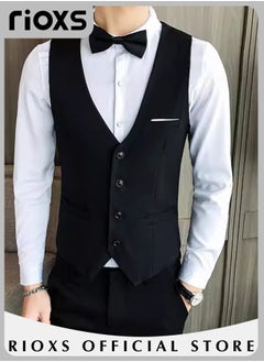 RIOXS Men's Classic Solid Suit Vest with 4 Buttons, Regular Fit Tuxedo Waistcoat, Business Sleeveless Waistcoats, Slim Fit Blazer Vest with Single Breasted, Button Closure and Adjustable Back Straps, Suitable for Both Formal and Casual Occasions  - Image 2