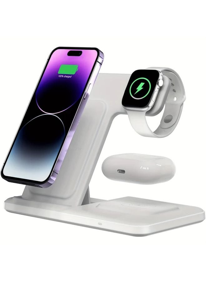 محطة الشحن اللاسلكي 3 في 1 الأبيض لهاتف آيفون 17 و16 و15 برو ماكس وساعة أبل واتش ألترا وسلسلة 10 و9 و8 وملحقات السيارات - Image 2