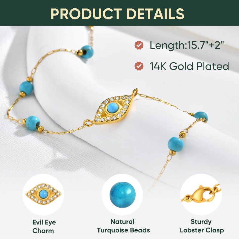 XUANPAI Gold Evil Eye Turquoise Necklace - 14K Gold Plated Turquoise Beaded Necklaces,Non Tarnish Golden Lucky Protection Western Jewelry,Trendy Boho Evil Eye Choker Gifts for Women Girlfriend Sister Wife - Image 5