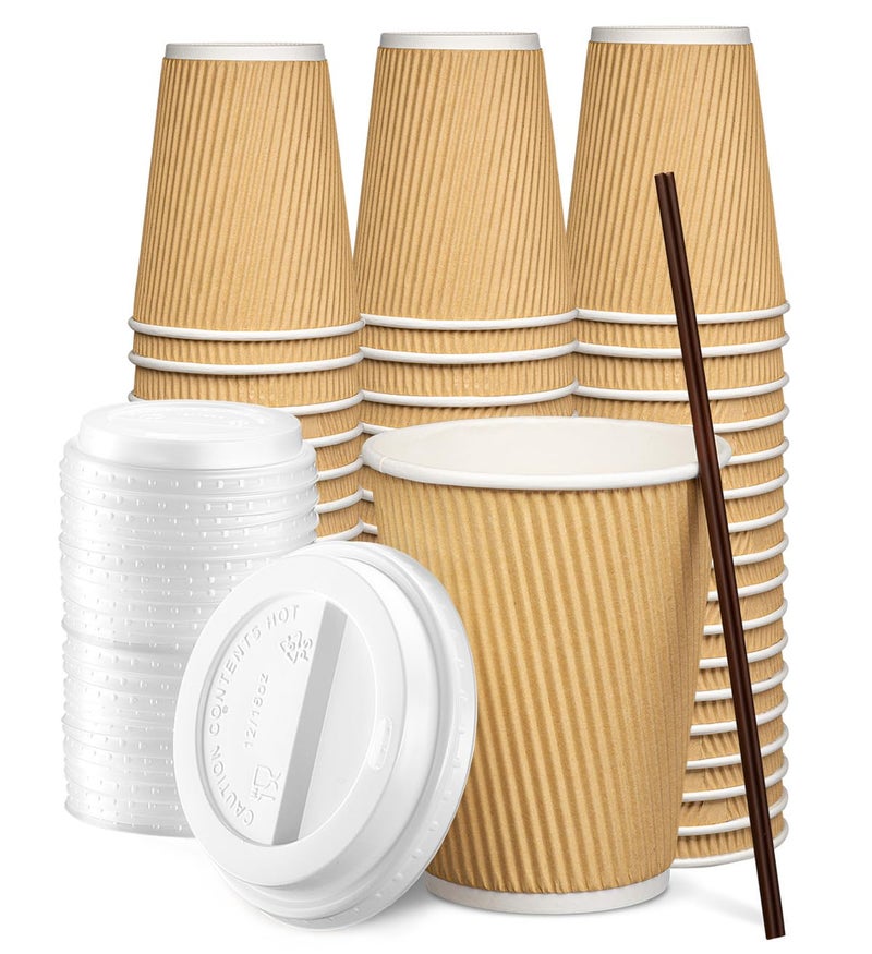 GUSTO 12 oz  100 Count Insulated Kraft Ripple Paper Hot Cups Disposable Coffee Cups With Lids  Ideal for Hot Beverages Travel and Office Use Formerly Comfy Package