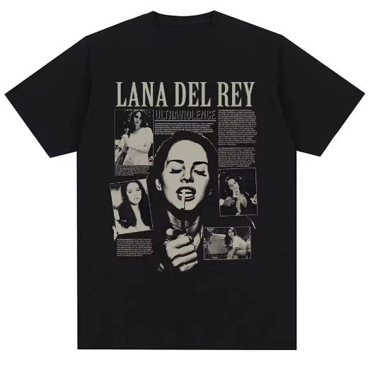 LANA DEL REY Mens Fashion Retro Style Short Sleeve Round Neck Top Summer Hot Selling T-Shirt Black 