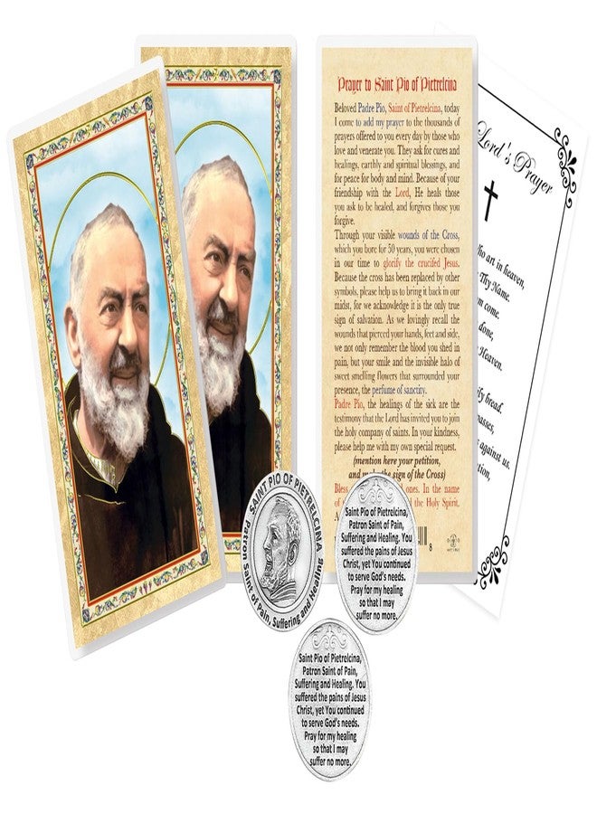 Trendzeen Padre Pio Healing Prayer Card - Laminated Saint Padre Pio Card, Catholic Pocket Token, The Lord's Prayer - Patron Saint of Pain, Suffering, and Healing Themed Set - 7 Items Total - Image 1