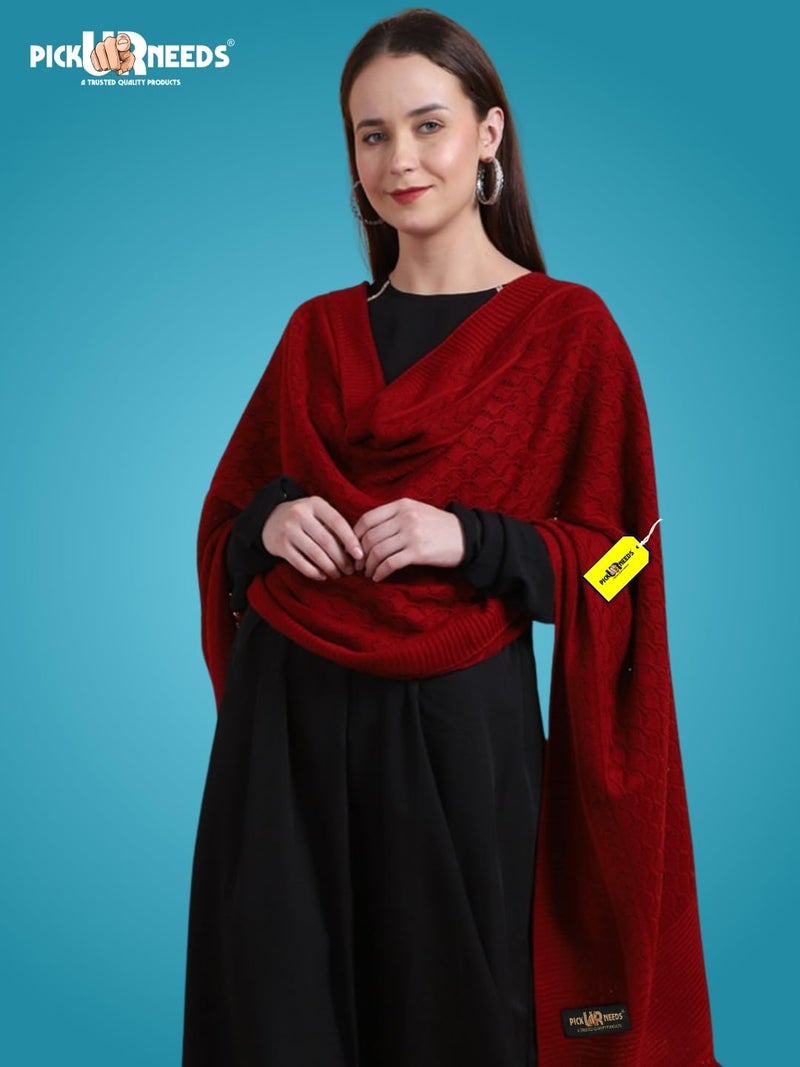 Pick Ur Needs Women’s Premium Knitted Winter Soft Shawl Woolen Warm Stole with Elegant Lace Pattern & Tassels For Girls (Maroon) - Image 3