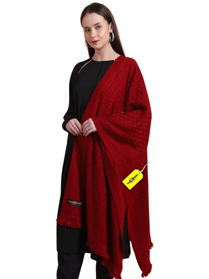 Pick Ur Needs Women’s Premium Knitted Winter Soft Shawl Woolen Warm Stole with Elegant Lace Pattern & Tassels For Girls (Maroon) - Image 1