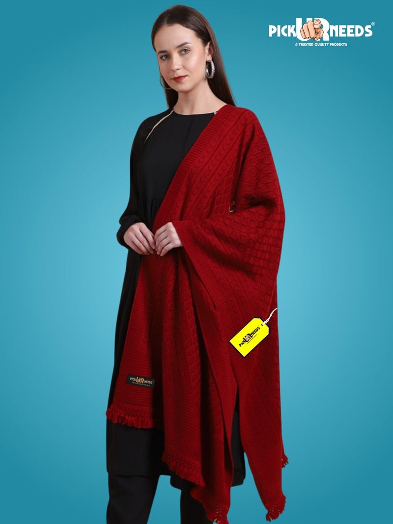 Pick Ur Needs Women’s Premium Knitted Winter Soft Shawl Woolen Warm Stole with Elegant Lace Pattern & Tassels For Girls (Maroon) - Image 5