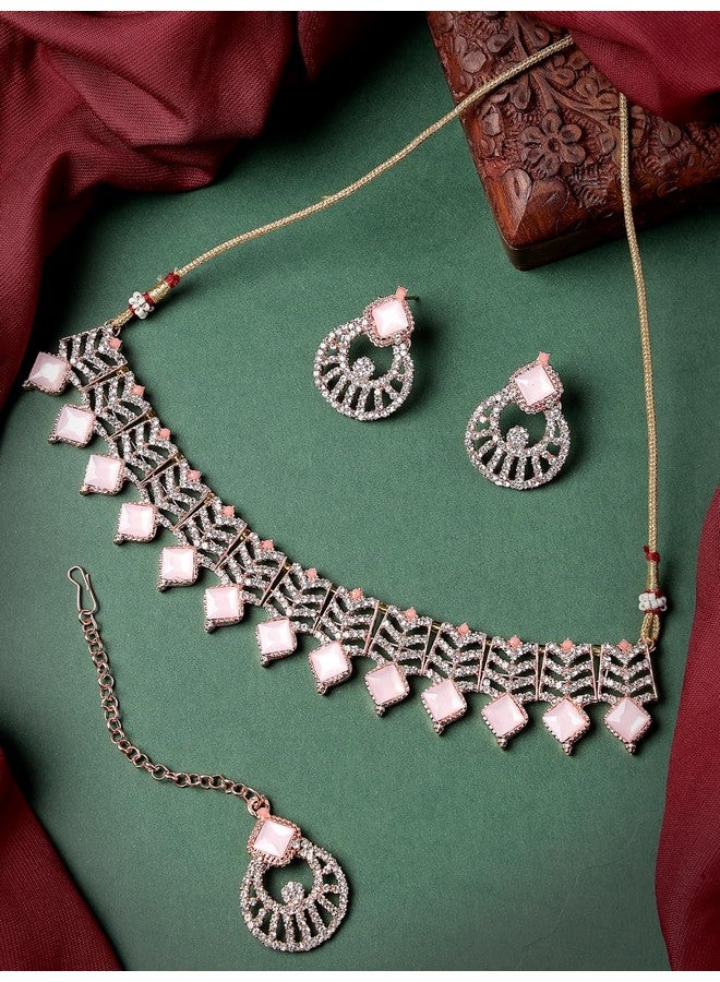 سوكهي طقم قلادة من الذهب الوردي المطلي بالذهب الوردي من Sukkhi Seaside مرصعة بأحجار وخرز مع قرط وقلادة مانجتيكا | طقم مجوهرات للنساء (NS105560) - Image 4