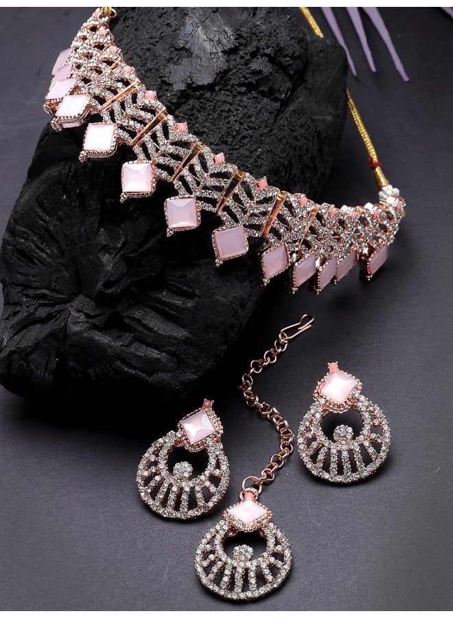 سوكهي طقم قلادة من الذهب الوردي المطلي بالذهب الوردي من Sukkhi Seaside مرصعة بأحجار وخرز مع قرط وقلادة مانجتيكا | طقم مجوهرات للنساء (NS105560) - Image 3