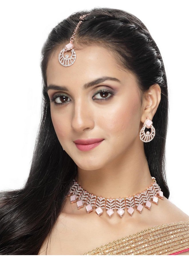 سوكهي طقم قلادة من الذهب الوردي المطلي بالذهب الوردي من Sukkhi Seaside مرصعة بأحجار وخرز مع قرط وقلادة مانجتيكا | طقم مجوهرات للنساء (NS105560) - Image 2