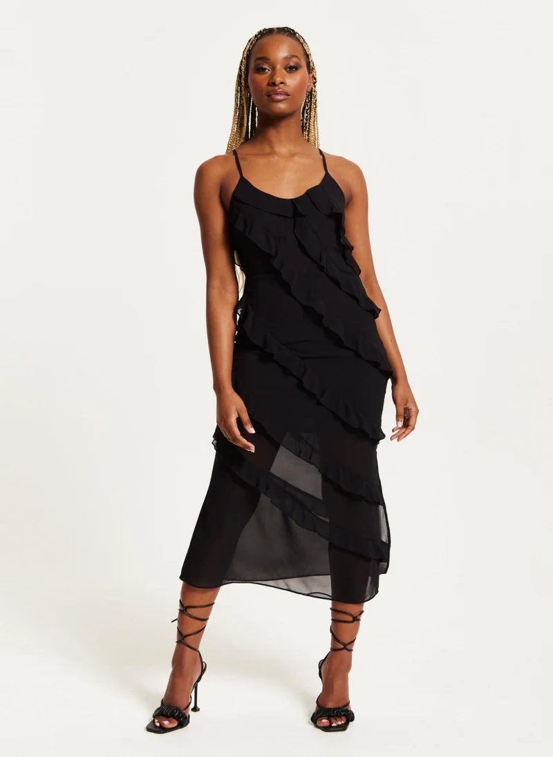Liquorish Diagonal Frill Strap Midi Dress Black