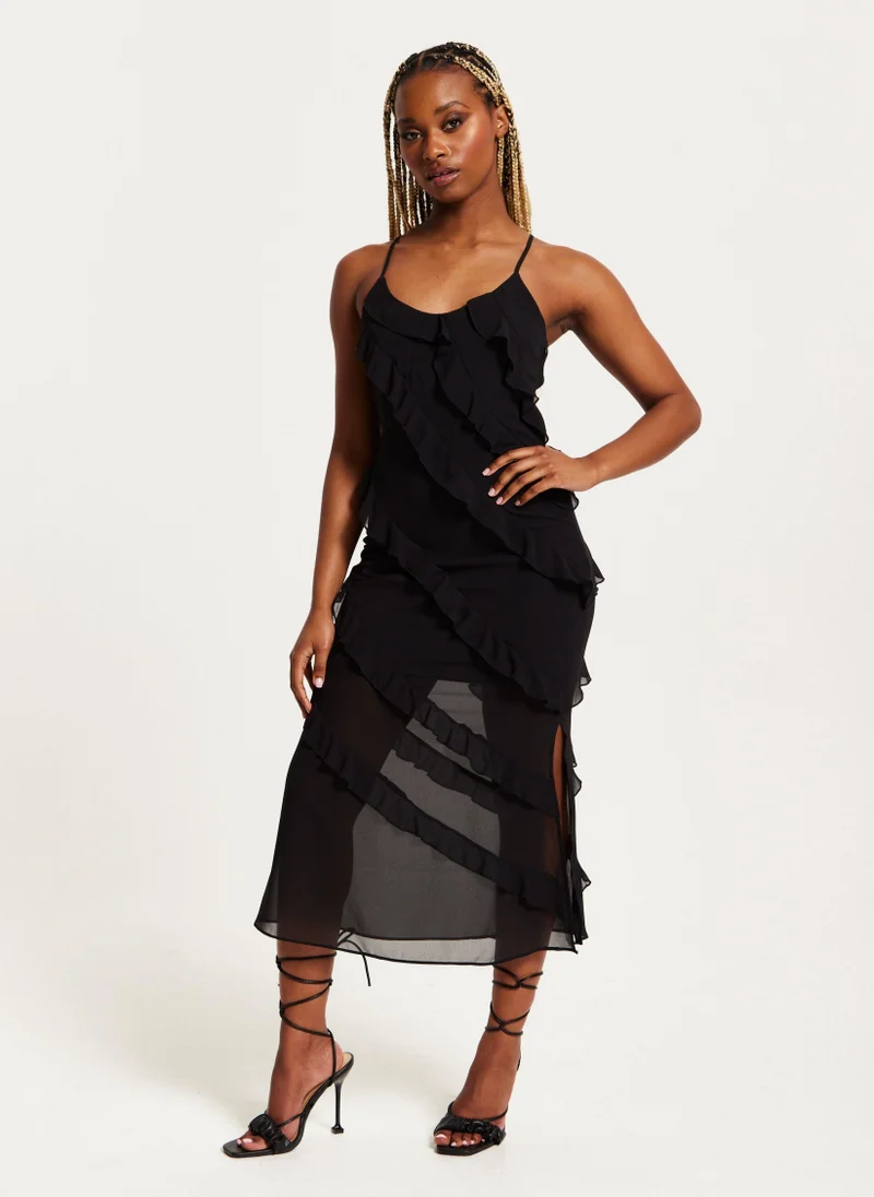 Liquorish Diagonal Frill Strap Midi Dress Black