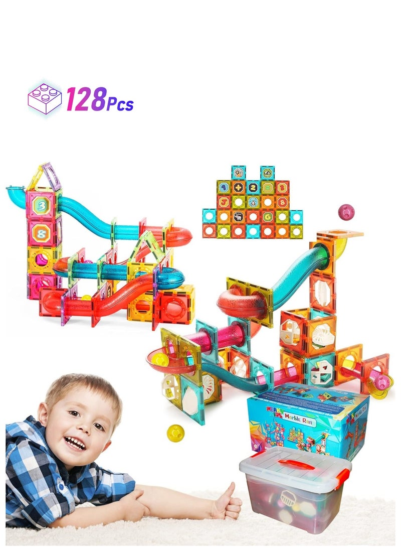 PEAKY KIDS 128 pcs magnetic tiles for kids,  stem approved educational magnetic blocks, 3d montessori toys for boys girls, constructing structures shapes building sets for brain activity & creativity  - Image 1