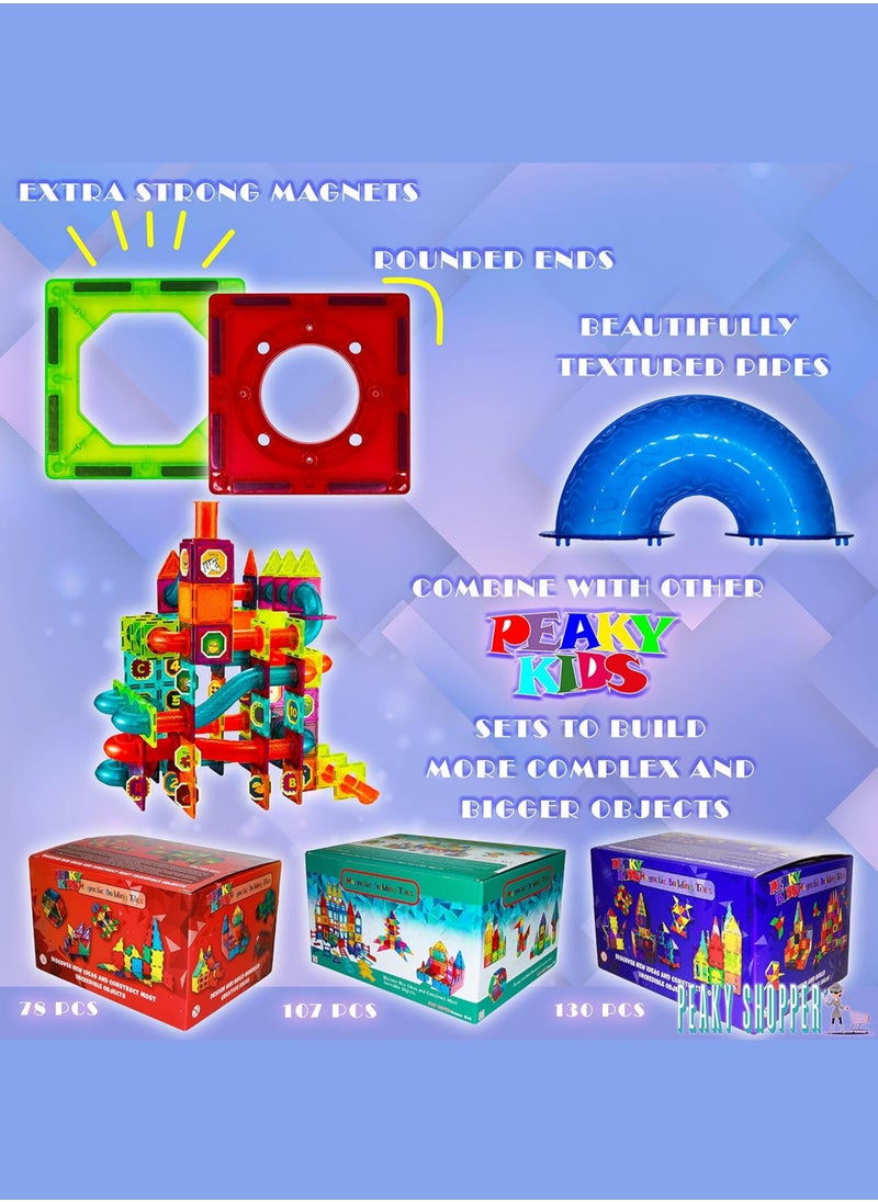 PEAKY KIDS 128 pcs magnetic tiles for kids,  stem approved educational magnetic blocks, 3d montessori toys for boys girls, constructing structures shapes building sets for brain activity & creativity  - Image 4