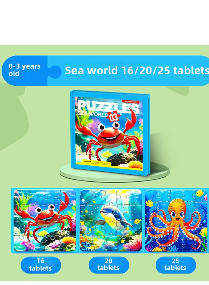 3-in-1 Magnetic Sea World Puzzle - Folding Travel Toy with Ocean Animals for Kids, Educational Activity