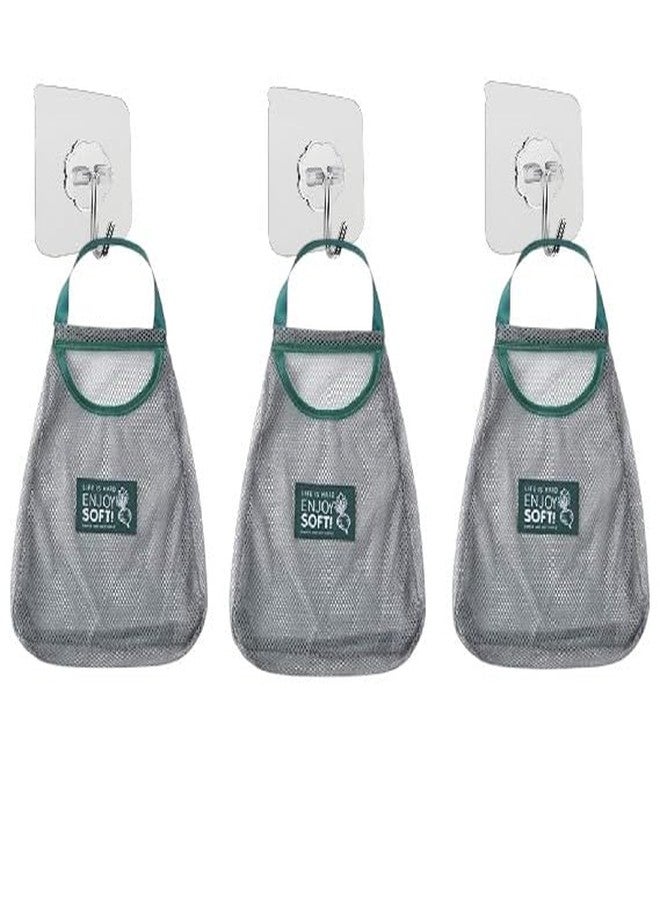 LAGET® Hanging Storage Mesh Bags Wall Hanging Fruit Basket for Vegetable Storage Tote Bags for Garlics, Potatoes, Onions or Garbage pack of -3 with Wall Hooks Hangers Sticking Hook 3pcs Transparent - Image 1