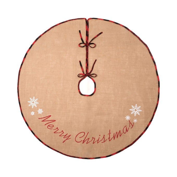 Christmas Tree Skirt 48 Inch Large Burlap Tree Mat with Red and Black Plaid Buffalo Edge Merry Christmas Printed for Country Holiday Indoor Home Party Xmas Tree Decorations