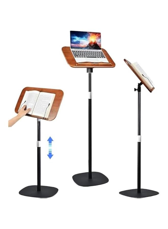 HOOKOR Music Stands Book Stand Floor for Reading Adjustable Podium Stand, Cook Book Stand, Music Sheet Stand, Wooden Floor Bible Holder Stand with  Paper Clip, 90-130cm (Brown) - Image 1