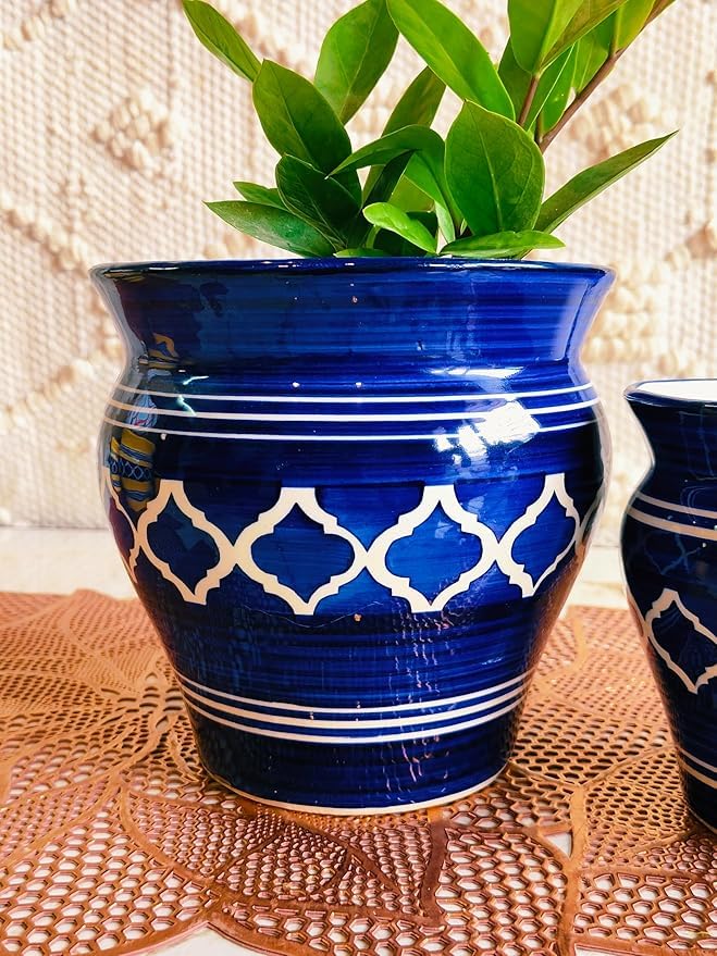 Niyara Stylish Ceramic Pots Planters for Indoor Plants,Succulent,Outdoor,Balcony,Home,Garden,Office (Set of 3) Size -Large 9 inches 7 inches & 5 inches (Moroccan Blue and White Set of 2) - Image 2