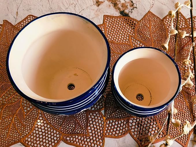 Niyara Stylish Ceramic Pots Planters for Indoor Plants,Succulent,Outdoor,Balcony,Home,Garden,Office (Set of 3) Size -Large 9 inches 7 inches & 5 inches (Moroccan Blue and White Set of 2) - Image 3
