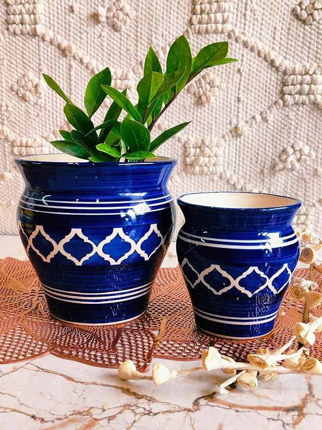 Niyara Stylish Ceramic Pots Planters for Indoor Plants,Succulent,Outdoor,Balcony,Home,Garden,Office (Set of 3) Size -Large 9 inches 7 inches & 5 inches (Moroccan Blue and White Set of 2) - Image 5