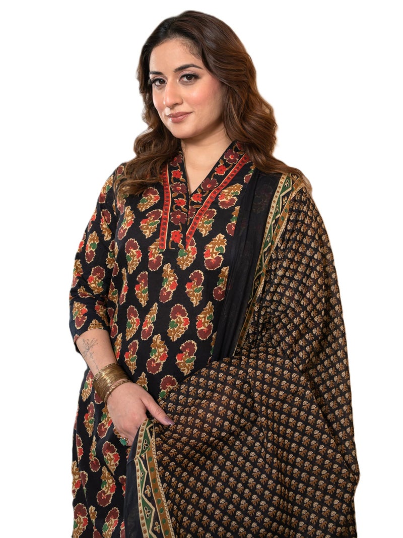 Arayna Women’s Cotton Printed Kurta Set with Pants & Dupatta – 3/4 Sleeve | Elegant Ethnic Wear, Black, Medium - Image 1
