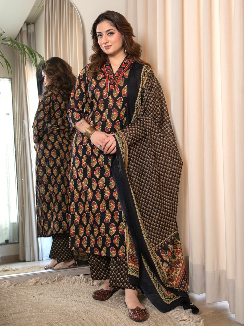 Arayna Women’s Cotton Printed Kurta Set with Pants & Dupatta – 3/4 Sleeve | Elegant Ethnic Wear, Black, Medium - Image 2