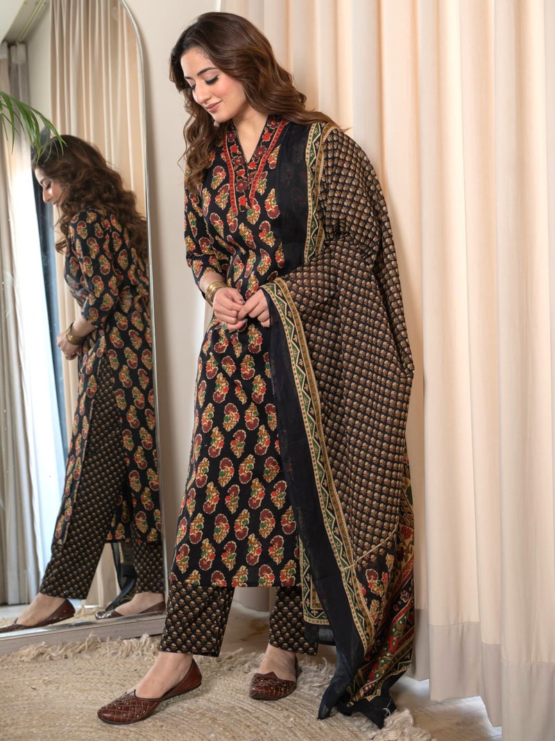 Arayna Women’s Cotton Printed Kurta Set with Pants & Dupatta – 3/4 Sleeve | Elegant Ethnic Wear, Black, Medium - Image 4