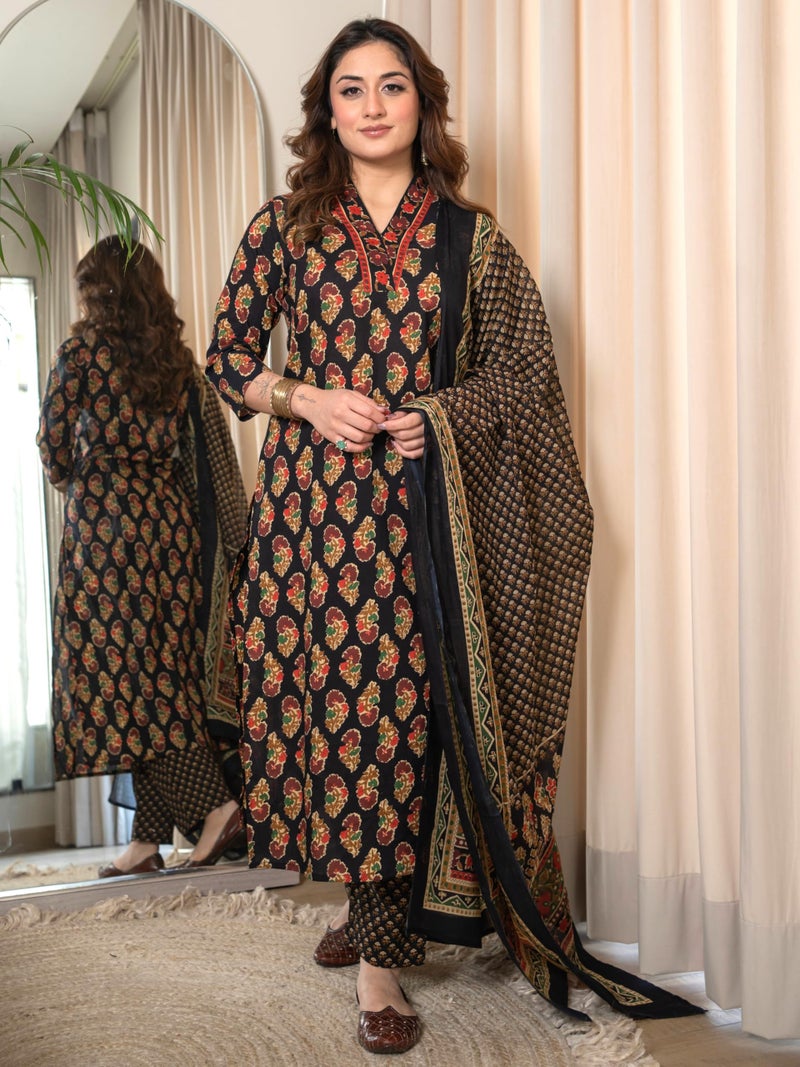 Arayna Women’s Cotton Printed Kurta Set with Pants & Dupatta – 3/4 Sleeve | Elegant Ethnic Wear, Black, Medium - Image 3