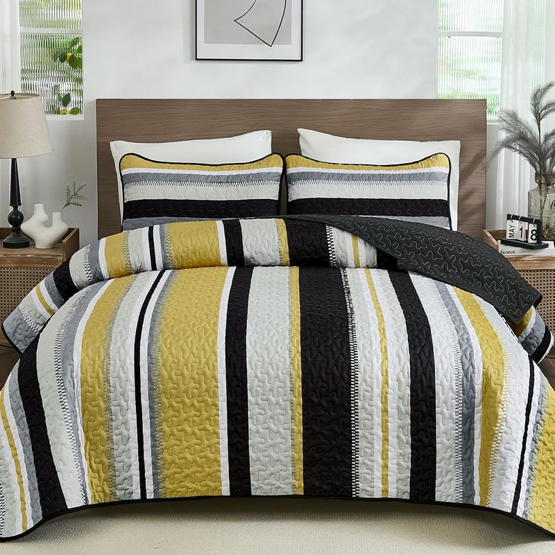 WONGS BEDDING Quilts Queen Size, Black Yellow Striped Quilt Bedspread Bedding Set, Summer Queen Coverlet Sets with Shams, 3 Pieces Lightweight Quilt for Bed(96"x 90") - Image 5
