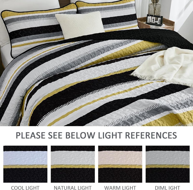 WONGS BEDDING Quilts Queen Size, Black Yellow Striped Quilt Bedspread Bedding Set, Summer Queen Coverlet Sets with Shams, 3 Pieces Lightweight Quilt for Bed(96"x 90") - Image 4