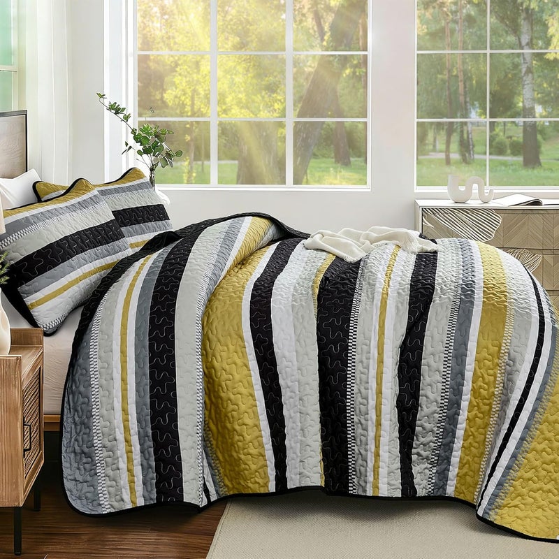 WONGS BEDDING Quilts Queen Size, Black Yellow Striped Quilt Bedspread Bedding Set, Summer Queen Coverlet Sets with Shams, 3 Pieces Lightweight Quilt for Bed(96"x 90") - Image 3