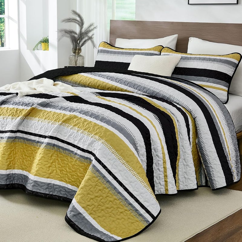 WONGS BEDDING Quilts Queen Size, Black Yellow Striped Quilt Bedspread Bedding Set, Summer Queen Coverlet Sets with Shams, 3 Pieces Lightweight Quilt for Bed(96"x 90") - Image 1
