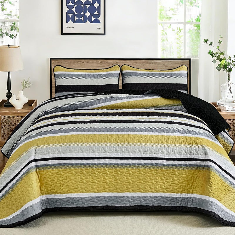 WONGS BEDDING Quilts Queen Size, Black Yellow Striped Quilt Bedspread Bedding Set, Summer Queen Coverlet Sets with Shams, 3 Pieces Lightweight Quilt for Bed(96"x 90") - Image 2