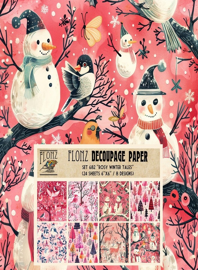 Decoupage Paper Pack (24 Sheets 6"x6") Rosy Winter Tales ~ Pink-hued Naive Holiday Illustrations with Deer, Snowmen and Trees in Flat Decorative Digital Style