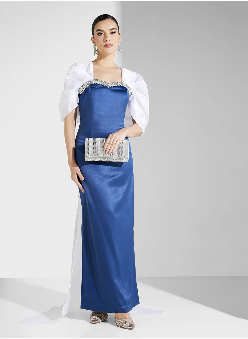 نمشي x Crystal Embellished A Line Gown With Contrast Organza Sleeves