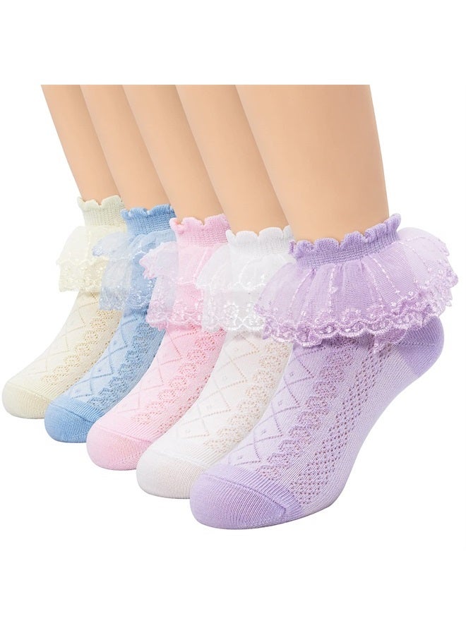 Looching 5 Pairs Toddler Girls Lace Ruffle Socks Baby Kids Eyelet Cotton Frilly Princess Dress Sock Cute Sock for 7-9years
