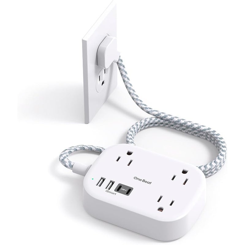 One Beat Cruise Ship Essentials Travel Power Strip with USB C, Flat Plug Extension Cord with 3 Outlets, 4 USB Ports (2 USB C), 5 Desk Wall Outlet Extender - Image 1