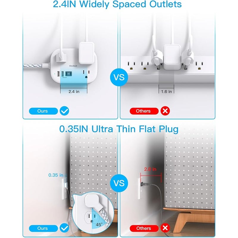 One Beat Cruise Ship Essentials Travel Power Strip with USB C, Flat Plug Extension Cord with 3 Outlets, 4 USB Ports (2 USB C), 5 Desk Wall Outlet Extender - Image 4