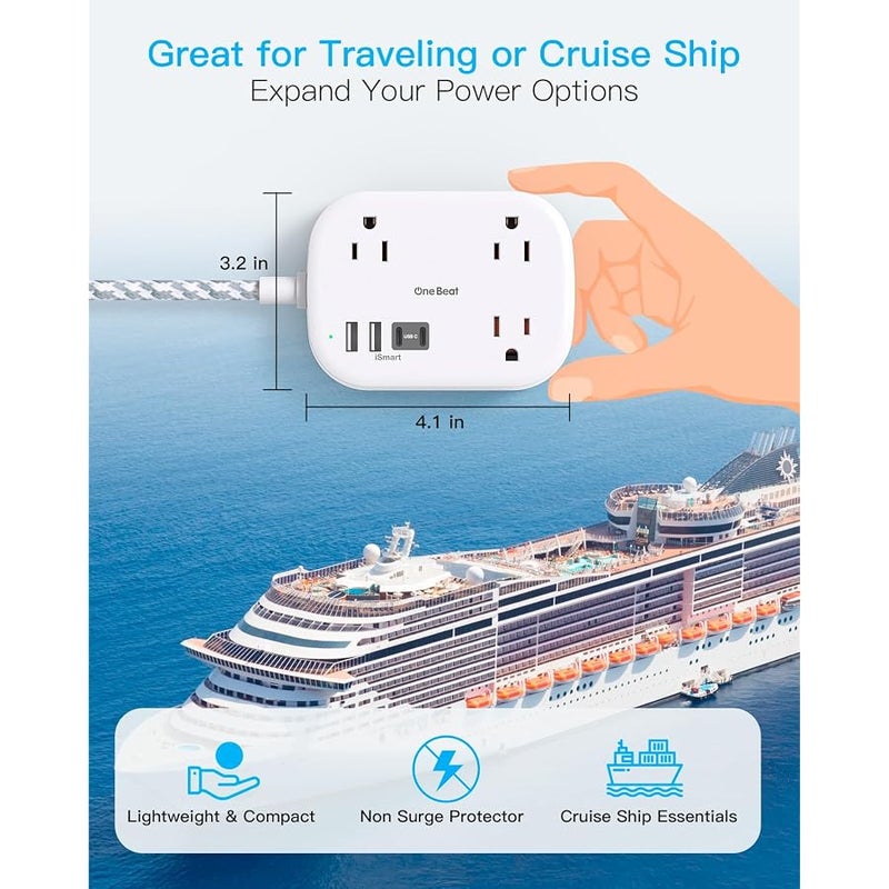 One Beat Cruise Ship Essentials Travel Power Strip with USB C, Flat Plug Extension Cord with 3 Outlets, 4 USB Ports (2 USB C), 5 Desk Wall Outlet Extender - Image 3
