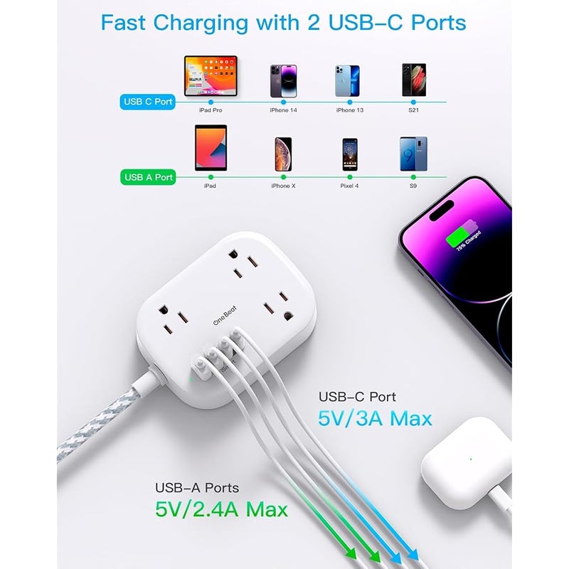 One Beat Cruise Ship Essentials Travel Power Strip with USB C, Flat Plug Extension Cord with 3 Outlets, 4 USB Ports (2 USB C), 5 Desk Wall Outlet Extender - Image 5
