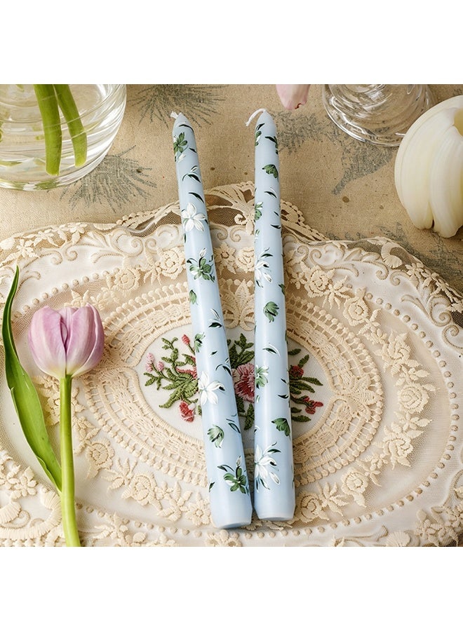 2Pcs Light Blue Taper Candles with White Flower Print, Delicate Floral Long Candles for Dining, Wedding, Home Decor - Image 1