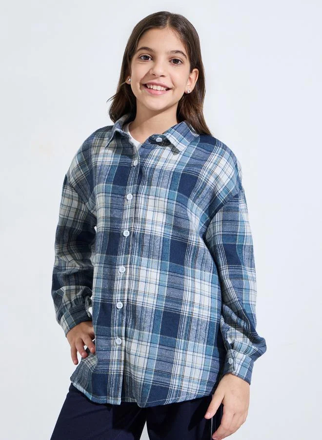 Styli Teen Girls Blue Checked Long Sleeves Oversized Shirt