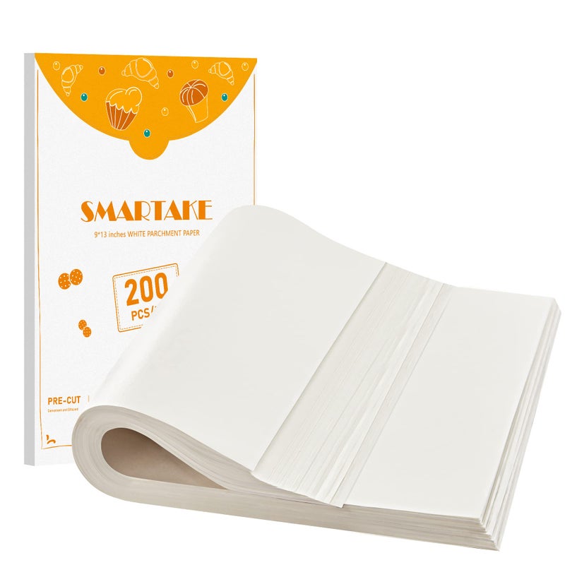 SMARTAKE 200 Pcs Parchment Paper Baking Sheets, 9x13 Inch Non-Stick Precut Baking Parchment, Suitable for Baking Grilling Air Fryer Steaming Bread Cup Cake Cookie and More (White) - Image 1